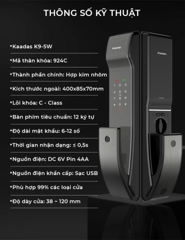 Khóa vân tay Kaadas K9-5W thiết kế kéo đẩy Push-pull sang trọng, cảm biến FPC siêu nhạy.
