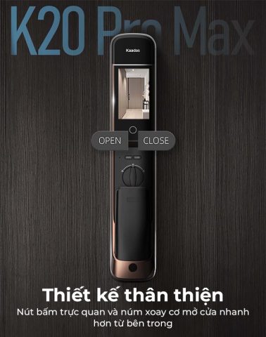 Khóa vân tay Kaadas K20 Pro Max tích hợp Face ID 3D và chuông hình sắc nét cho cửa nhôm hệ bản rộng.